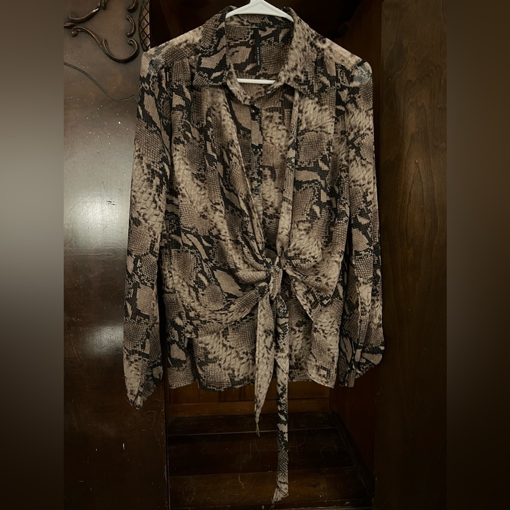 Kay Celine snakeskin print button up blouse with tie overlay